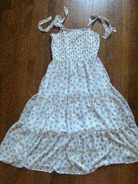 Midi White and Sage Green Flower Printed Dress